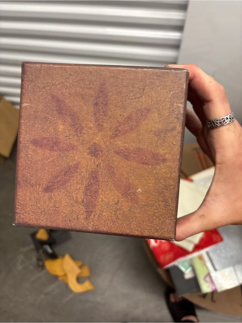 Bob's Boxes Primitive Small Square Brown Floral Wood Decorative Lidded Box